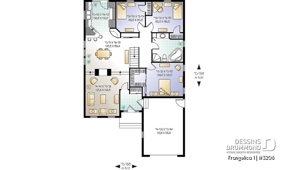 Rez-de-chaussée - Plan de maison plain-pied 3 chambres, garage, walk-in chambre parents, foyer 2 faces, garde-manger - Frangelica 1