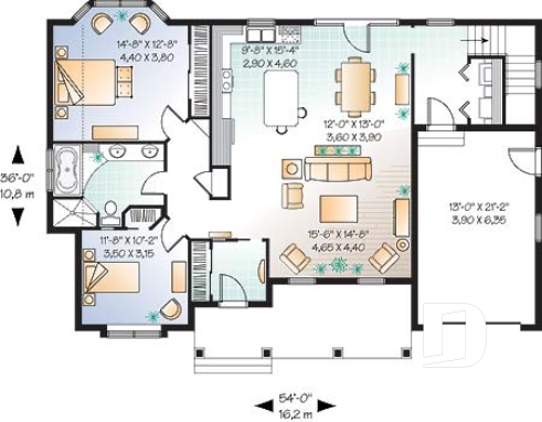 Rez-de-chaussée - Plan de bungalow champêtre 2 chambres, garage et triple porte-jardin, vestibule, îlot, buanderie, plafond 9' - Tacite