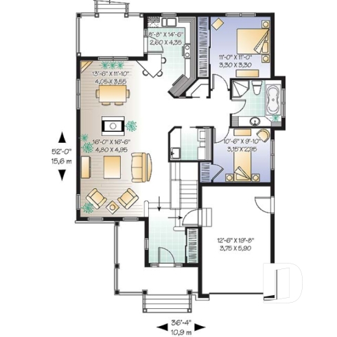 Rez-de-chaussée - Main Floor: Entry, living room, dining room, kitchen with lunch counter and pantry, two bedrooms, laundry room - Vigneau