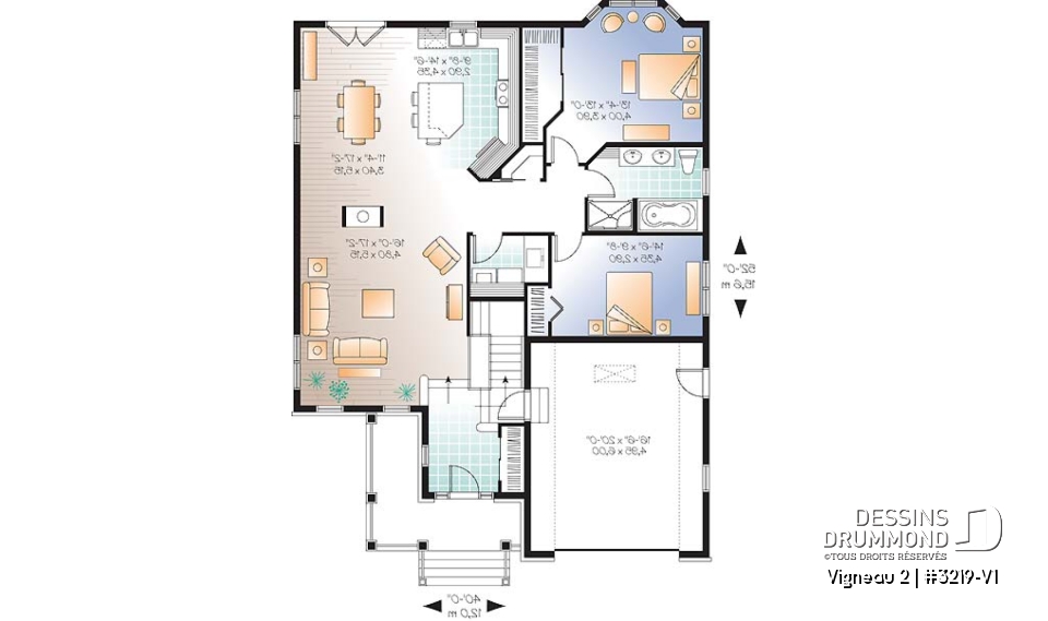Rez-de-chaussée - Plan de plain-pied avec sous-sol aménagé, 2 à 4 chambres, 2 salles de bain, grande cuisine, foyer - Vigneau 2