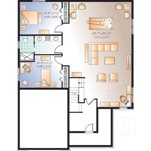 Sous-sol - Plan de plain-pied avec sous-sol aménagé, 2 à 4 chambres, 2 salles de bain, grande cuisine, foyer - Vigneau 2