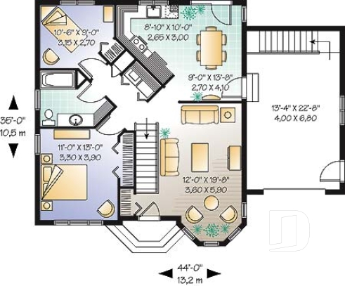 Rez-de-chaussée - Plan de bungalow économique, 2 chambres, garage simple, sous-sol non fini, à aménager - Lancy