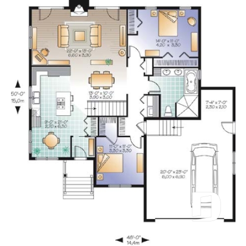 Rez-de-chaussée - Plan de bungalow Craftwsman 2 chambres, coin déjeuner, séjour de grand format, foyer, garage double - Camrose 2