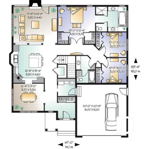 Rez-de-chaussée - Plan de plain-pied avec garage double, 3 chambres et salles de bain.  Salle à manger fermée et foyer. - Lilian