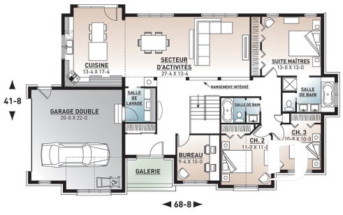 Rez-de-chaussée - Plan de maison plain-pied, 3 à 4 chambres, garage double, plafond 9', bureau, buanderie, superbe cuisine - Dambroise
