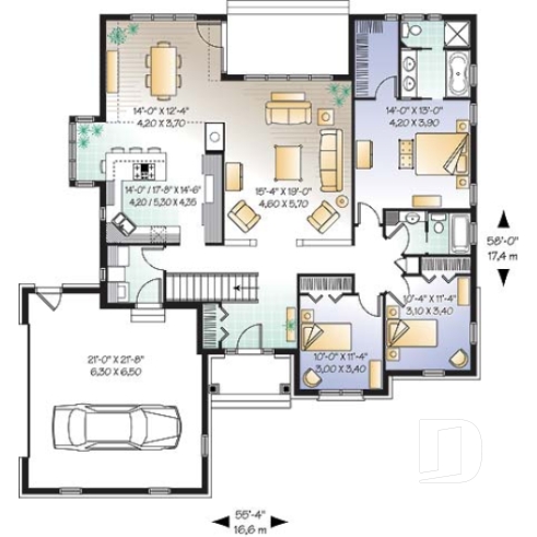 Rez-de-chaussée - Plan de plain-pied américain 3 chambres, garage latéral double, superbe suite maîtres, foyer, buanderie - Châtaignier