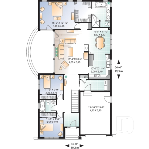 Rez-de-chaussée - Plan maison de plain-pied Craftsman, 3 chambres, cuisine et séjour avec foyer, suite des maîtres, patio - Thomas