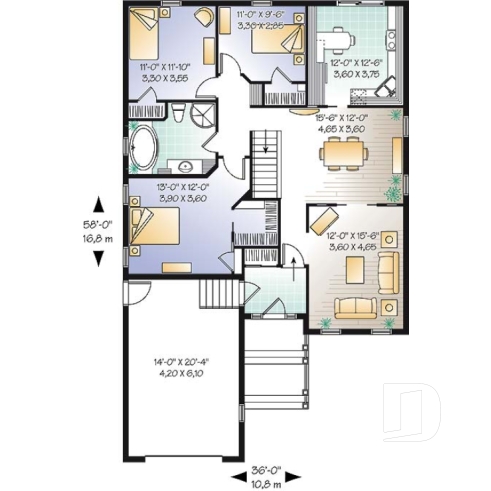 Rez-de-chaussée - Plain-pied traditionnel idéal pour terrain étroit avec 3 chambres au même niveau, et garage - Beauchemin