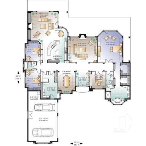 Rez-de-chaussée - Plan de grand bungalow, 3 à 4 chambres, style méditerranéen, garage triple, bureau, foyer, grande cuisine - Verbennia