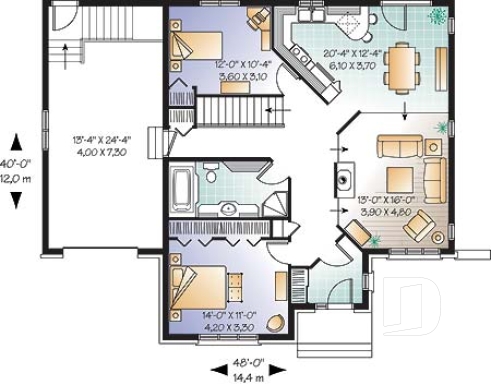 Rez-de-chaussée - Plan de bungalow 2 chambres, garage, foyer, salle de séjour abaissée, vestibule fermé - Caplan