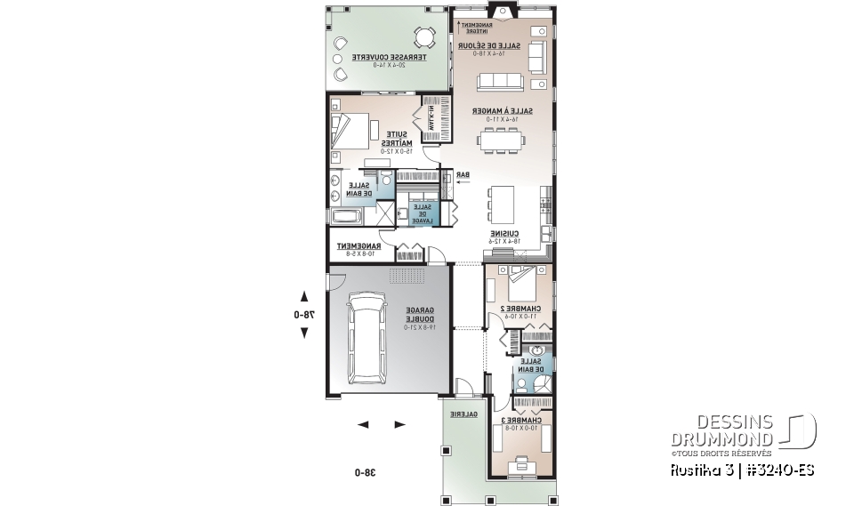 Rez-de-chaussée - Plan de plain-pied Craftsman, 3 chambres, 2 sdb, plafond 9', dalle de béton, îlot, grande terrasse abrité - Rustika 3