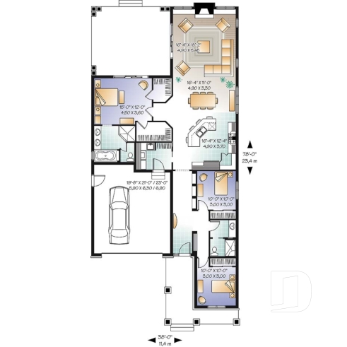 Rez-de-chaussée - Plan de bungalow de style nordique, garage double, 3 chambres, grande terrasse abritée, foyer, aire ouverte - Rustika 2