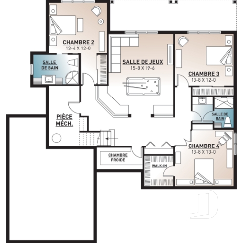 Sous-sol - Plan de farmhouse moderne, 2 à 5 chambres, sous-sol aménagé (rez-de-jardin), beaucoup de lumière naturelle - Maisonneuve 2
