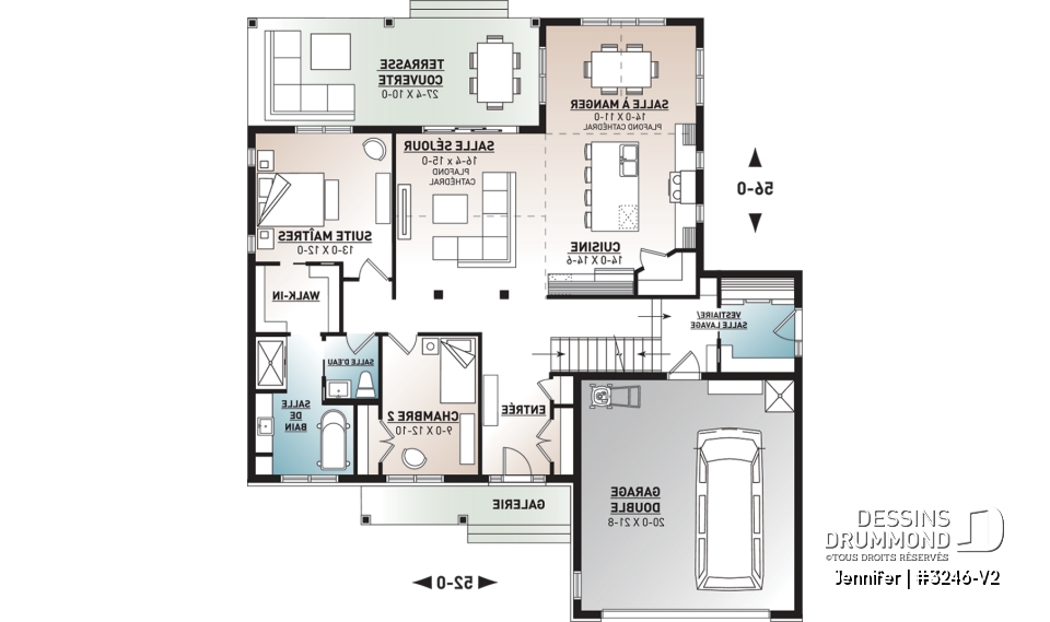Rez-de-chaussée - Plan de plain-pied avec garage double, cuisine et salon aménagés à l'arrière, grande terrasse abritée - Jennifer