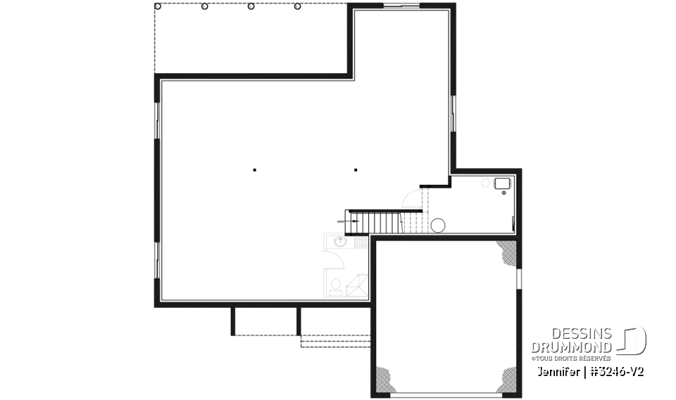 Sous-sol - Plan de plain-pied avec garage double, cuisine et salon aménagés à l'arrière, grande terrasse abritée - Jennifer