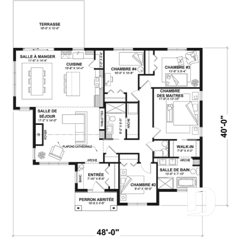 Rez-de-chaussée - Plan de maison plain-pied 4 chambres, 2 salles de bain, garde-manger et suite privée pour les parents - Lohan