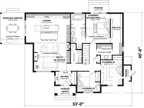 Rez-de-chaussée (Optionel $) - Modèle de plain-pied spacieux, dalle flottante, 3 chambres, 2 s. bain, grand îlot à la cuisine avec banquette - Lohan 2