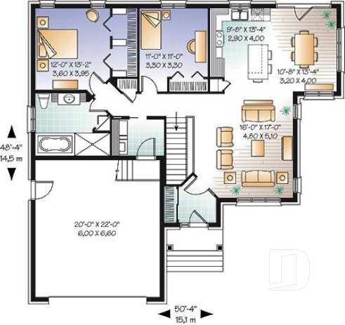 Rez-de-chaussée - Plan de maison de plain-pied, 2 chambres, garage double avec espace boni, belle fenestration - Sylvestre 3