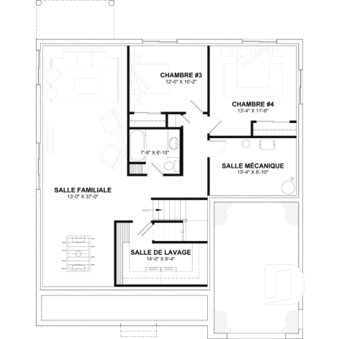 Sous-sol aménagé (Optionel $) - Plan de maison Farmhouse plain-pied moderne avec garage, foyer et sous-sol optionnel - Longpré 2