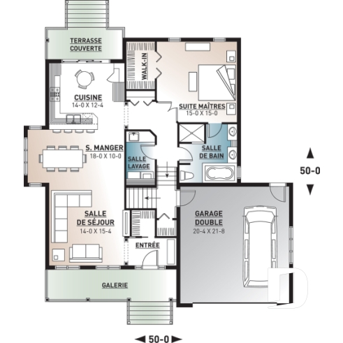 Rez-de-chaussée - Plan plain-pied 1 à 4 chambres, garage double, chambre parents au r-d-c, salle de lavage au RDC - Zoé 2