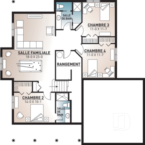 Sous-sol - Plan plain-pied 1 à 4 chambres, garage double, chambre parents au r-d-c, salle de lavage au RDC - Zoé 2