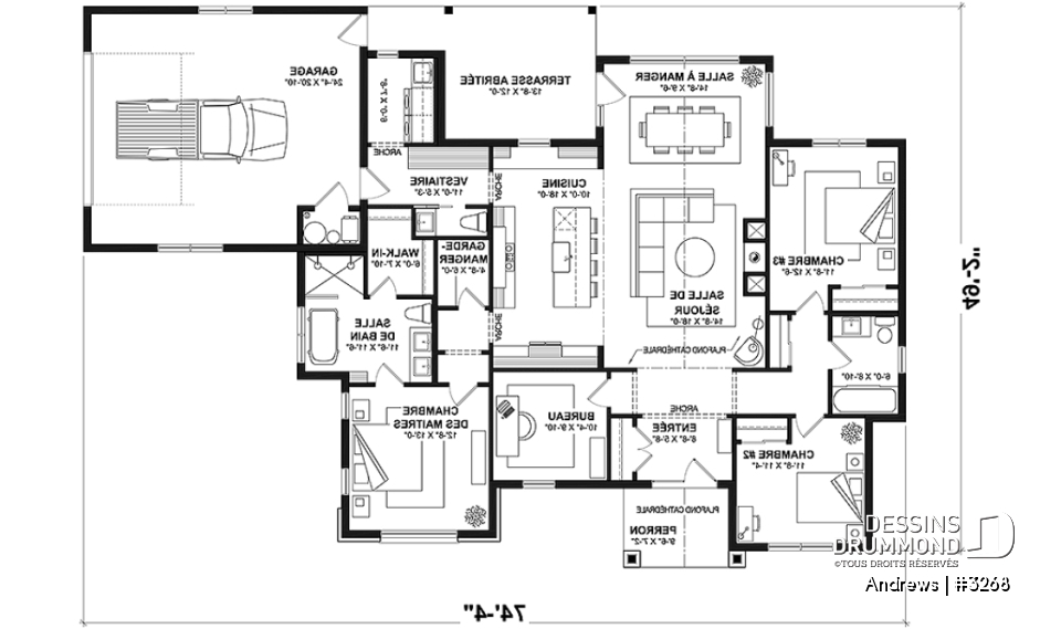 Rez-de-chaussée - Modèle plain-pied de 3 chambres avec bureau, maison sur dalle, inspiration belge, garage double - Andrews