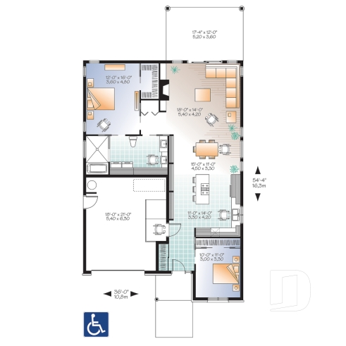 Rez-de-chaussée - Plan de bungalow adapté fauteuil roulant, 2 chambres, plafond 9pi., foyer, grande terrasse abritée - Rochefort