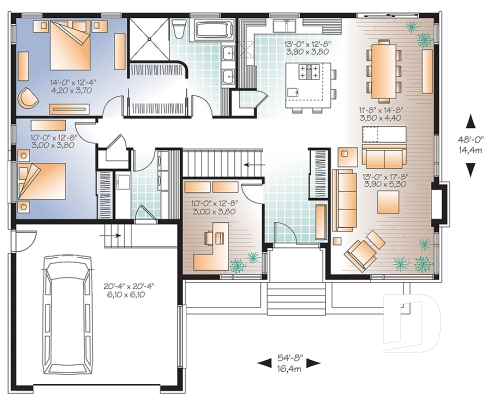 Rez-de-chaussée - Plan de maison moderne, 2 chambres + bureau (ou chambre # 3), garde manger, îlot, foyer, garage double - Millois