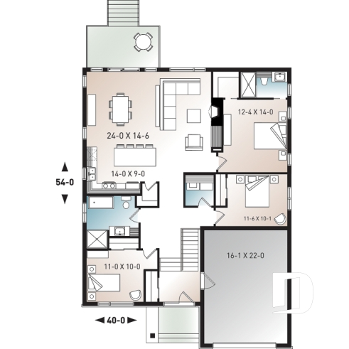 Rez-de-chaussée - Plan de maison moderne à entrée split avec garage 3 chambres, aire ouverte, foyer, îlot, garde-manger - La Seine 3
