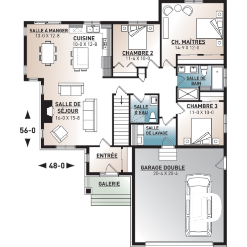 Rez-de-chaussée - Plan de plain-pied 3 chambres au même plancher, garage double, vestibule, foyer, 2 salles de bain - Providence 4