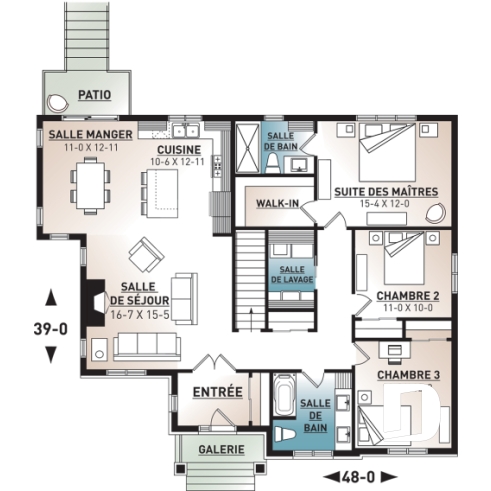 Rez-de-chaussée - Plan maison 3 chambres, Craftsman, chambre des maîtres avec walk-in & salle de douche privée, buanderie, foyer - Providence 1