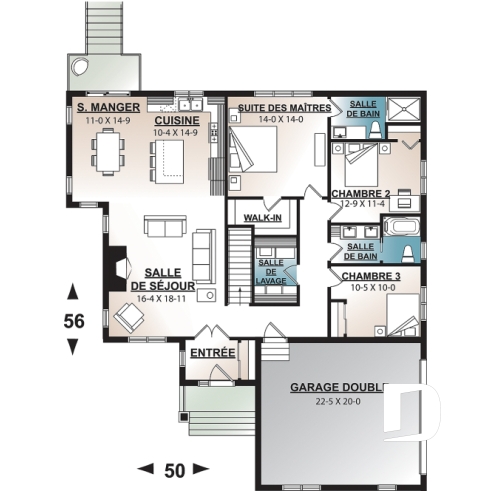 Rez-de-chaussée - Plan de maison 3 chambres, garage double latéral, maison pour terrain en coin de rue, buanderie, foyer - Providence 2