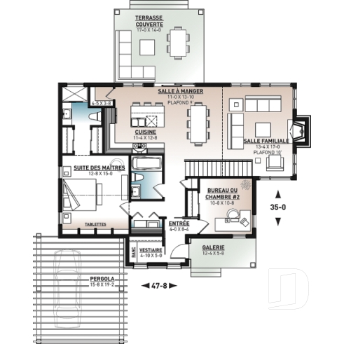 Rez-de-chaussée - Plan de maison scandinave, 2 chambres, suite des maîtres, plafond 9', grande terrasse couverte, aire ouverte - Hygge 2