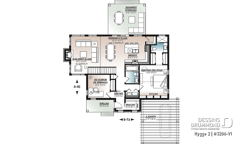 Rez-de-chaussée - Plan de maison scandinave, 2 chambres, suite des maîtres, plafond 9', grande terrasse couverte, aire ouverte - Hygge 2