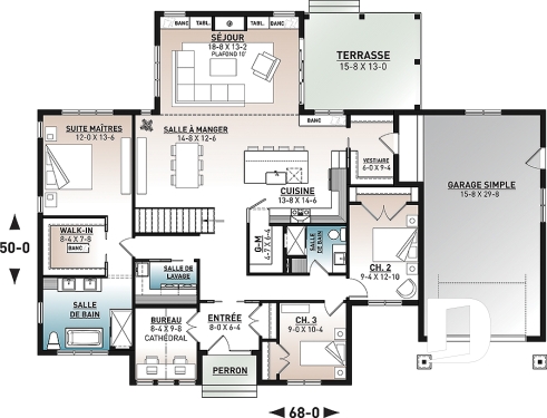 Rez-de-chaussée - Plan de maison farmhouse moderne plain-pied, 3 chambres, garage, conçu pour Ludovick Bourgeois - Maple Way 2