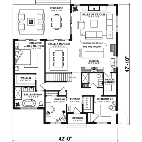 Rez-de-chaussée - Plain-pied 4 chambres de style farmhouse, bureau, 2 salons, sous-sol aménagé, garde-manger, foyer - Maple Way 3