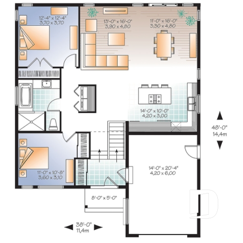 Rez-de-chaussée - Plan de maison style transitionnel, 2 chambres, entrée split, grande douche, plafond 9', îlot, à aire ouverte - Urban Valley