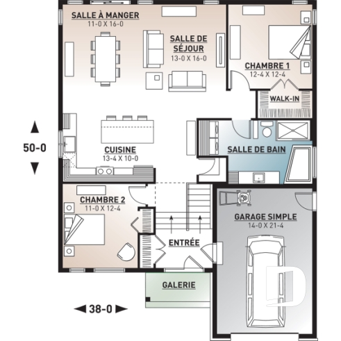 Rez-de-chaussée - Plan de plain-pied champêtre, 2 chambres, sous-sol aménageable, garage simple, bel espace salon / cuisine - Urban Valley 2