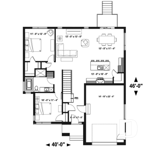 Rez-de-chaussée - Plan de maison moderne plain-pied avec garage, 2 chambres, garde-manger, walk-in, chute à linge - Pintendre