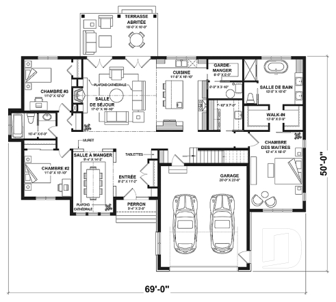 Rez-de-chaussée - Plain-pied 3 chambres, 2 salles de bain, plafond 9' + cathédral, garde-manger, garage double, buanderie - Country Side