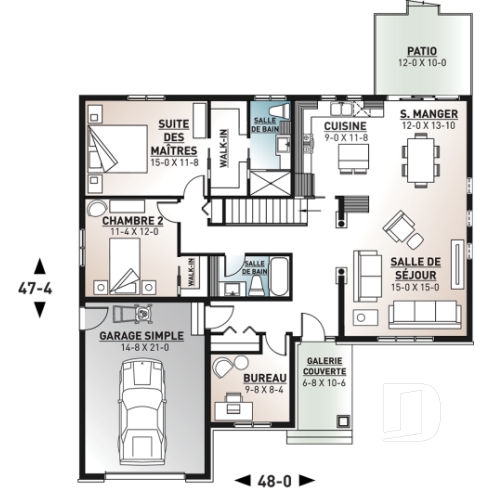 Rez-de-chaussée - Plan de plain-pied Nordique, 3 chambres ou 2 chambres + bureau, plafond cathédral, 2 salles de bain, garage - Woodside