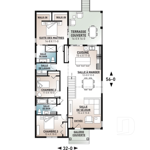 Rez-de-chaussée - Plan maison terrain étroit, grand patio abrité, salle de bain privée, 2 walk-ins, îlot à la cuisine, cathédral - Salem