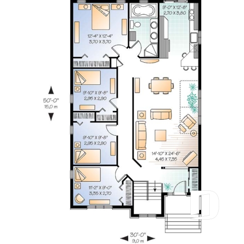 Rez-de-chaussée - Plain-pied de 4 chambres au rez-de-chaussée, cuisine avec comptoir-lunch, espace ouvert, pour terrain étroit - De la Ferme 3