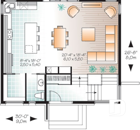 Rez-de-chaussée - Plan de maison contemporaine lumineuse, petit budget, 3 chambres, garde-manger, grande douche - Phénix