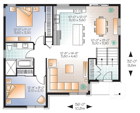 Rez-de-chaussée - Plan de bungalow de type split-level contemporain, 2 chambres, aire ouverte, sous-sol aménageable,  - Hautbois 3