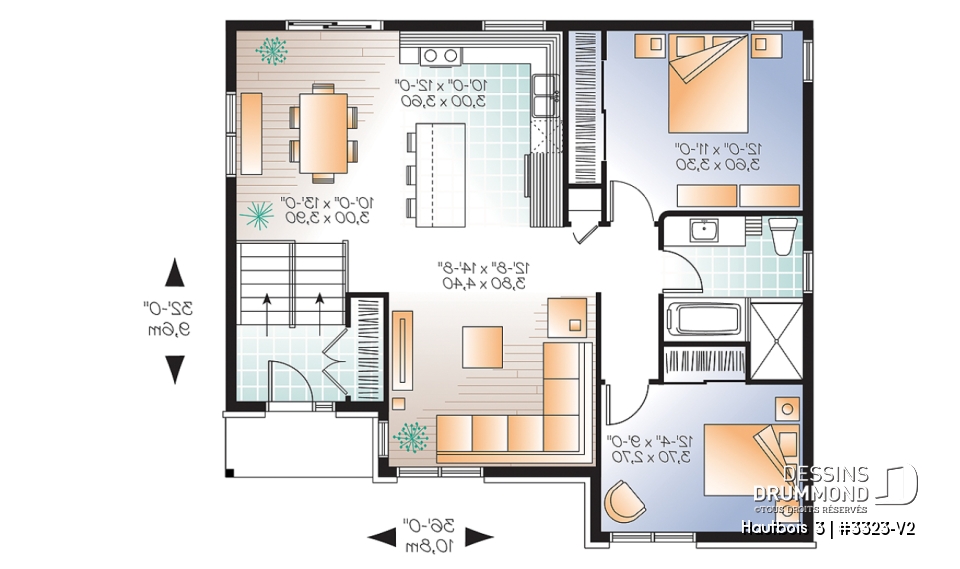 Rez-de-chaussée - Plan de bungalow de type split-level contemporain, 2 chambres, aire ouverte, sous-sol aménageable,  - Hautbois 3