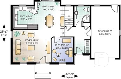 Rez-de-chaussée - Plan de maison 3 chambres + bureau, garage, grenier aménageable, brique sur 3 façades - Bellevarde