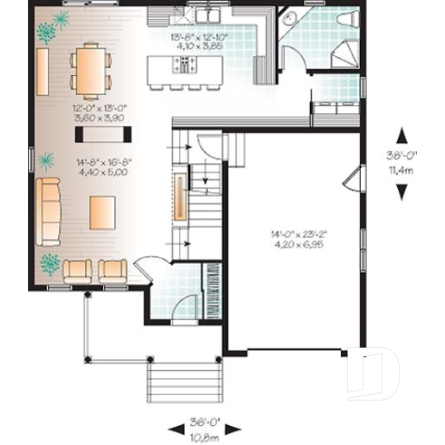 Rez-de-chaussée - Plan de maison d'un modèle champêtre, 3 chambres, espace boni pour chambre #4 ou bureau - Archibald 2