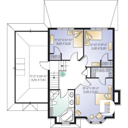 Étage - Plan de maison à étage style anglais,coin déjeuner en solarium, foyer à la salle familiale, 3 chambres, garage - Du Gouverneur