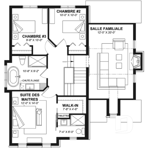 Étage - Plan de maison d'inspiration française à étages avec garage, foyer central et cuisine avec îlot. - Italianate
